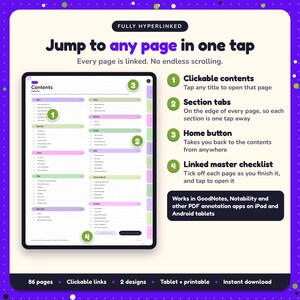 Hyperlinked contents page of the Psychological Thriller Writing Planner, with clickable contents, section tabs, home button and linked master checklist for GoodNotes and Notability