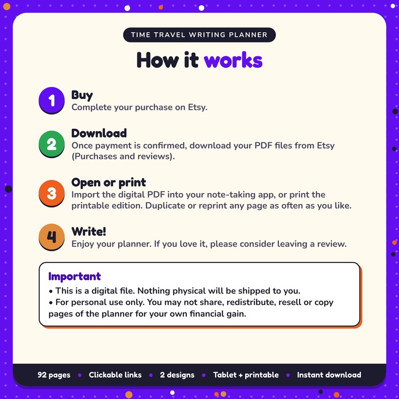 How it works: buy, download the PDF files from Etsy, open in your note-taking app or print. Digital file for personal use, nothing is shipped