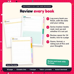 Review every book: Book Lover's Reading Journal pages. Log every book you finish, with the date and your rating; Series tracker: books read, next up and whether it's out yet; Review space for 24 books, two to a page