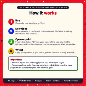 How it works: buy, download the PDF files from Etsy, open in your note-taking app or print. Digital file for personal use, nothing is shipped