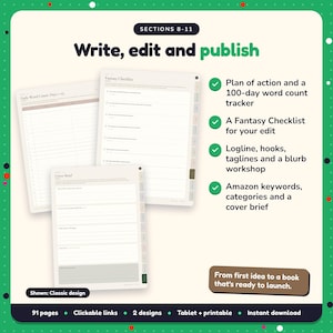 Write, edit and publish: Fantasy Writing Planner pages. Plan of action and a 100-day word count tracker; A Fantasy Checklist for your edit; Logline, hooks, taglines and a blurb workshop