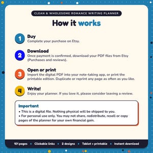 How it works: buy, download the PDF files from Etsy, open in your note-taking app or print. Digital file for personal use, nothing is shipped