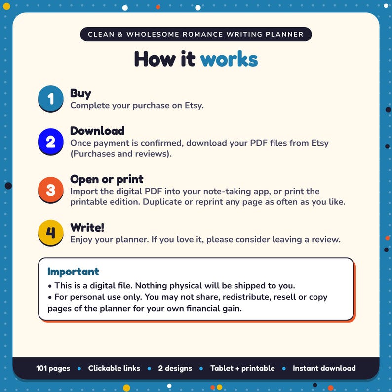How it works: buy, download the PDF files from Etsy, open in your note-taking app or print. Digital file for personal use, nothing is shipped