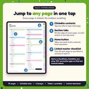 Hyperlinked contents page of the Cosy Fantasy Writing Planner, with clickable contents, section tabs, home button and linked master checklist for GoodNotes and Notability