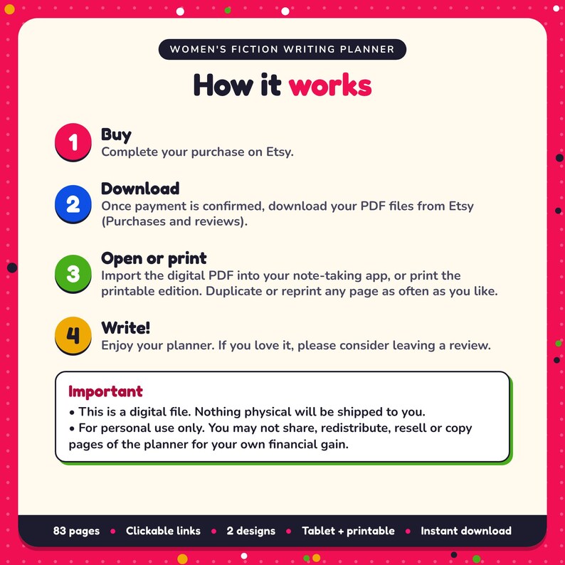 How it works: buy, download the PDF files from Etsy, open in your note-taking app or print. Digital file for personal use, nothing is shipped