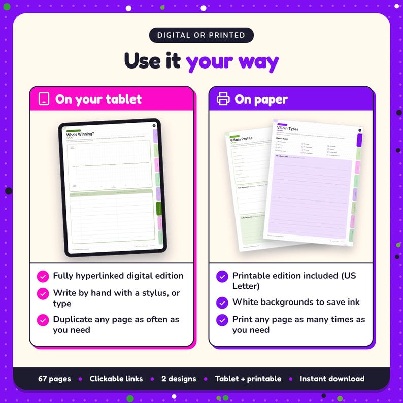 Use the Villain Workbook on your tablet as a hyperlinked digital workbook, or print the US Letter printable edition