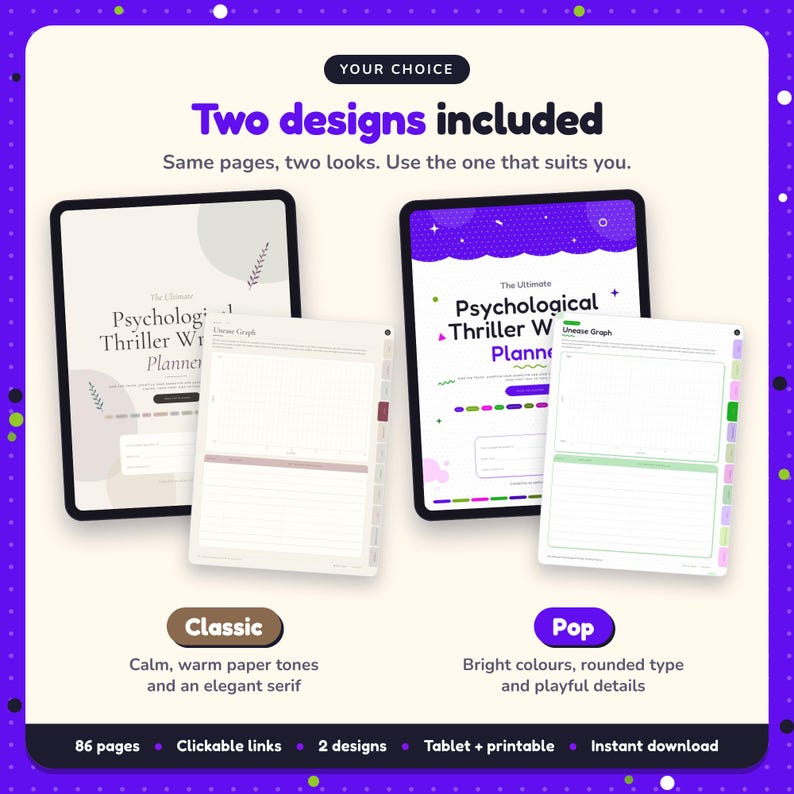 Two designs included with the Psychological Thriller Writing Planner: Classic and Pop