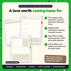 A love worth coming home for: Small Town Romance Writing Planner pages. The couple, their chemistry and the obstacles between them; Relationship milestones and key romantic scenes; Dual POV tracker, grand gesture, HEA and series planner