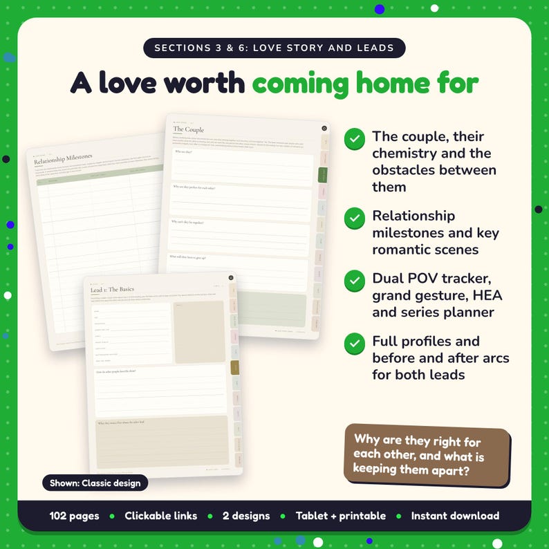 A love worth coming home for: Small Town Romance Writing Planner pages. The couple, their chemistry and the obstacles between them; Relationship milestones and key romantic scenes; Dual POV tracker, grand gesture, HEA and series planner