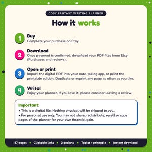 How it works: buy, download the PDF files from Etsy, open in your note-taking app or print. Digital file for personal use, nothing is shipped