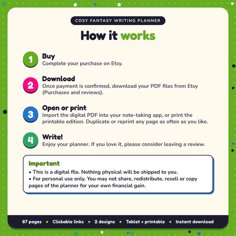 How it works: buy, download the PDF files from Etsy, open in your note-taking app or print. Digital file for personal use, nothing is shipped