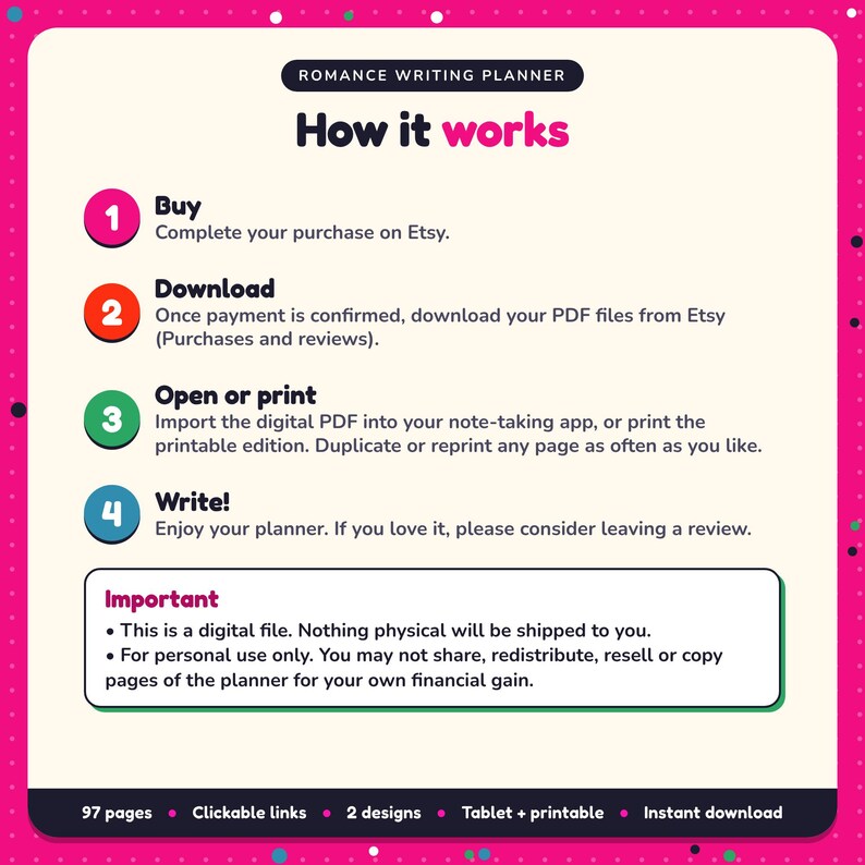 How it works: buy, download the PDF files from Etsy, open in your note-taking app or print. Digital file for personal use, nothing is shipped