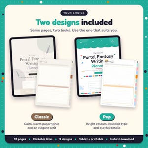 Two designs included with the Portal Fantasy Writing Planner: Classic and Pop