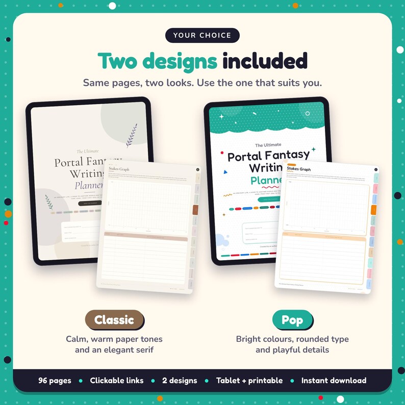 Two designs included with the Portal Fantasy Writing Planner: Classic and Pop