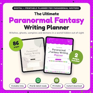 The Ultimate Paranormal Fantasy Writing Planner shown on two tablets in Classic and Pop designs: 86 pages, clickable links, iPad and tablet ready, printable, instant download