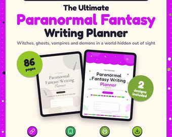 Puede incluir: Un planificador digital e imprimible para escritores paranormales con dos pantallas de tableta que muestran el título The Ultimate Paranormal Fantasy Writing Planner. El gráfico incluye texto sobre brujas, fantasmas, vampiros y demonios, además de iconos para enlaces clicables, compatibilidad con tabletas e impresión.