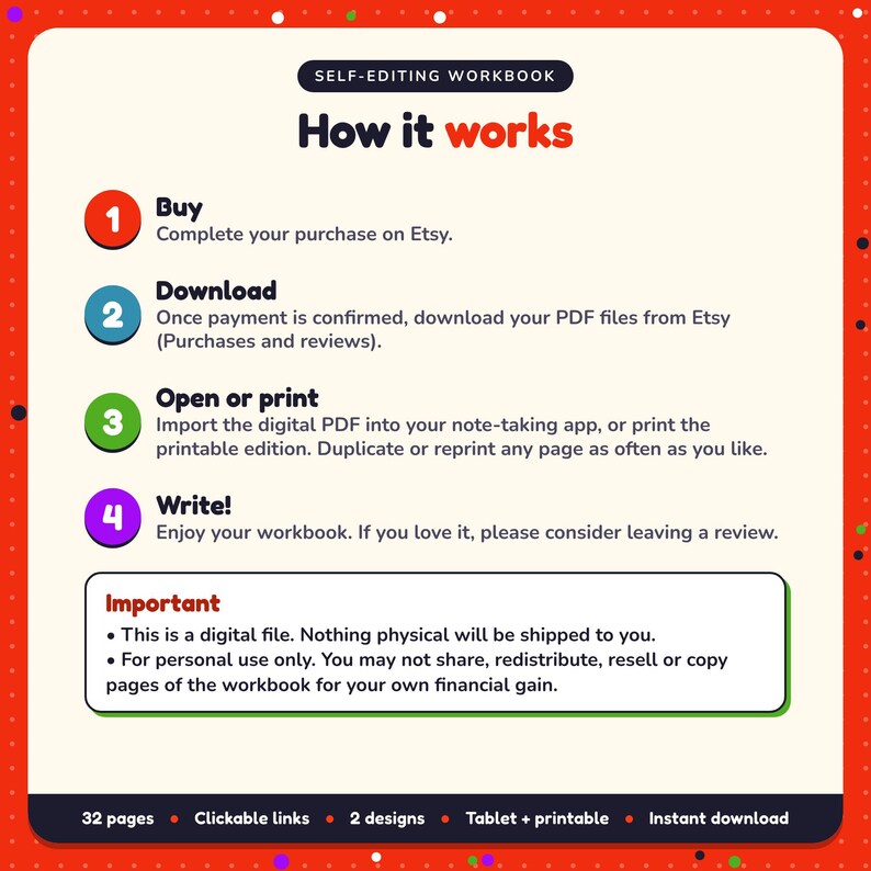How it works: buy, download the PDF files from Etsy, open in your note-taking app or print. Digital file for personal use, nothing is shipped
