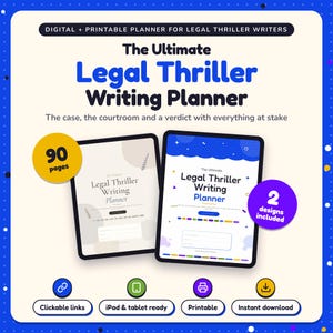 The Ultimate Legal Thriller Writing Planner shown on two tablets in Classic and Pop designs: 90 pages, clickable links, iPad and tablet ready, printable, instant download