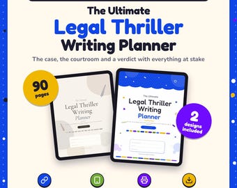 May include: A digital and printable planner for legal thriller writers titled The Ultimate Legal Thriller Writing Planner. It features 90 pages, 2 designs, clickable links, tablet compatibility, and instant download options.