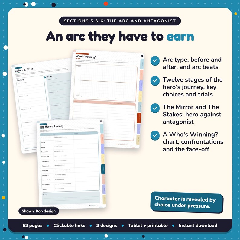 An arc they have to earn: Hero Workbook pages. Arc type, before and after, and arc beats; Twelve stages of the hero's journey, key choices and trials; The Mirror and The Stakes: hero against antagonist