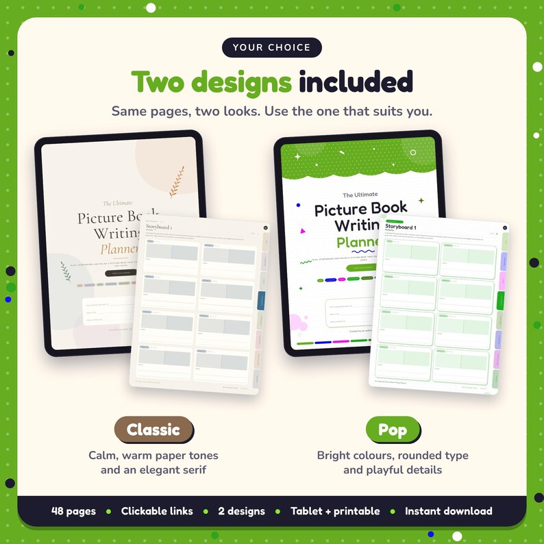 Two designs included with the Picture Book Writing Planner: Classic and Pop