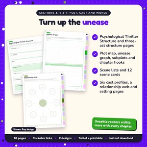 Turn up the unease: Psychological Thriller Writing Planner pages. Psychological Thriller Structure and three-act structure pages; Plot map, unease graph, subplots and chapter hooks; Scene lists and 12 scene cards