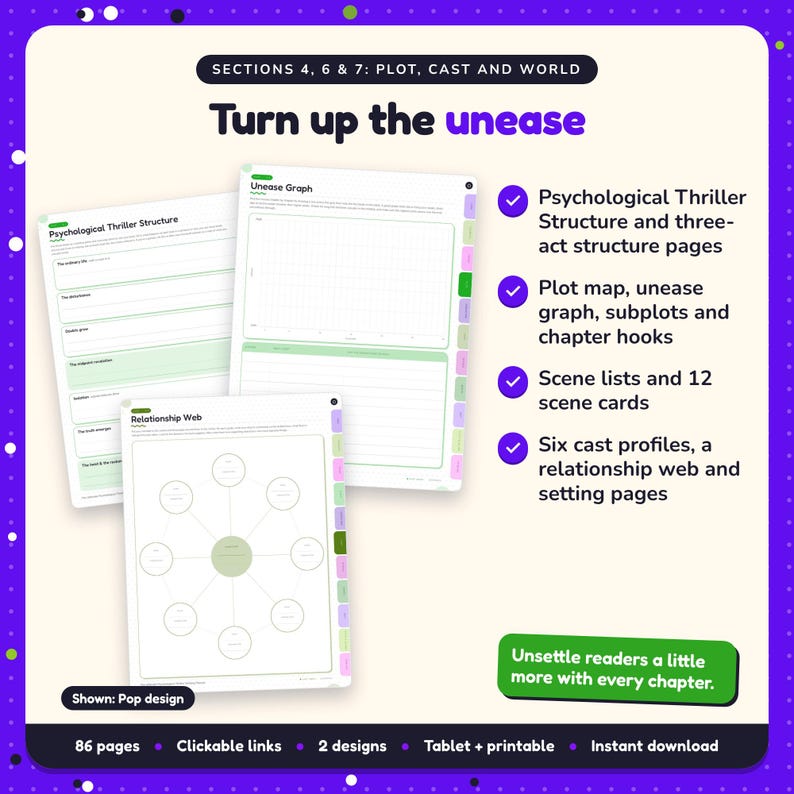 Turn up the unease: Psychological Thriller Writing Planner pages. Psychological Thriller Structure and three-act structure pages; Plot map, unease graph, subplots and chapter hooks; Scene lists and 12 scene cards