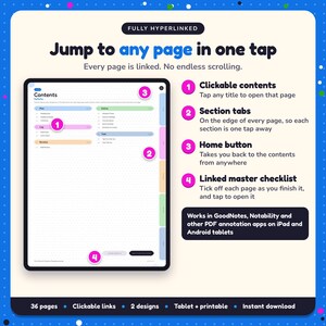 Hyperlinked contents page of the Crime & Mystery Reading Journal, with clickable contents, section tabs, home button and linked master checklist for GoodNotes and Notability