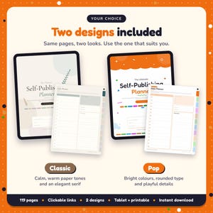 Two designs included with the Self-Publishing Planner: Classic and Pop