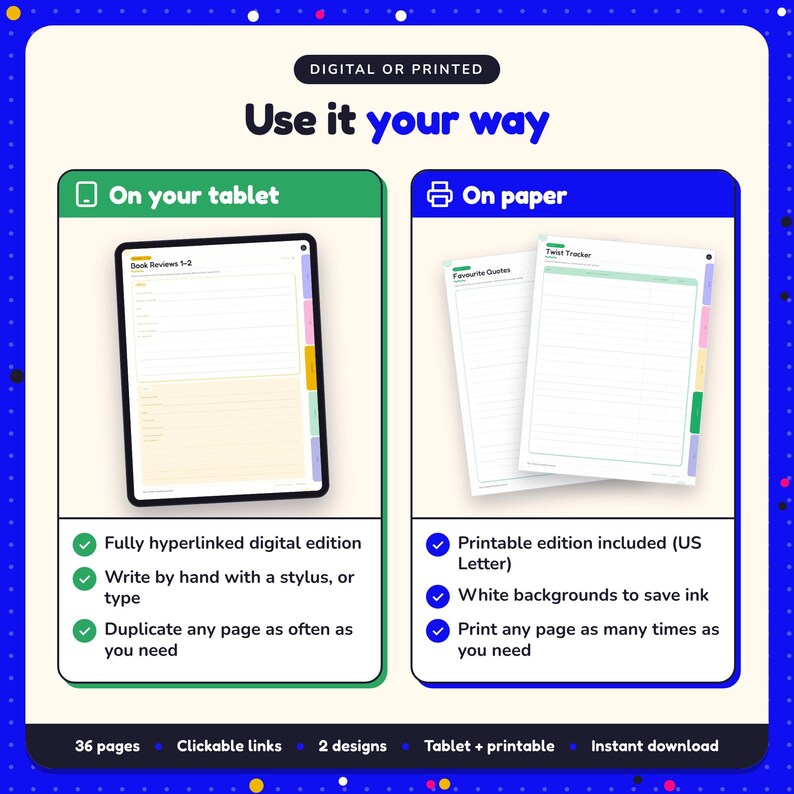 Use the Thriller Reading Journal on your tablet as a hyperlinked digital journal, or print the US Letter printable edition