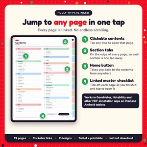 Hyperlinked contents page of the Political & Conspiracy Thriller Writing Planner, with clickable contents, section tabs, home button and linked master checklist for GoodNotes and Notability