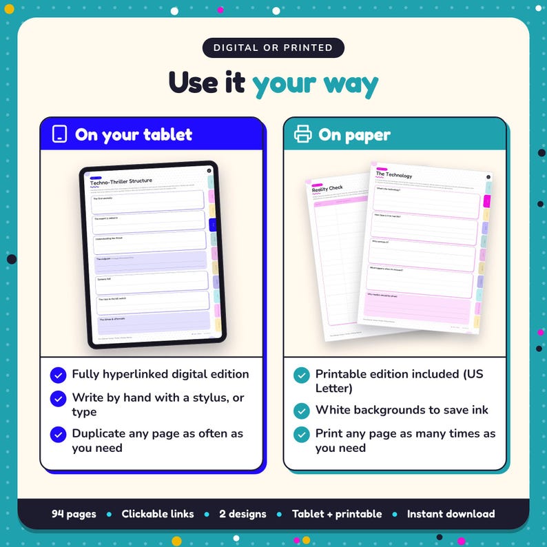 Use the Techno-Thriller Writing Planner on your tablet as a hyperlinked digital planner, or print the US Letter printable edition