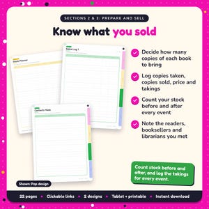 Know what you sold: Author Events Planner pages. Decide how many copies of each book to bring; Log copies taken, copies sold, price and takings; Count your stock before and after every event