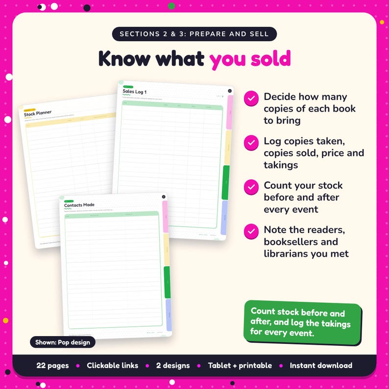 Know what you sold: Author Events Planner pages. Decide how many copies of each book to bring; Log copies taken, copies sold, price and takings; Count your stock before and after every event