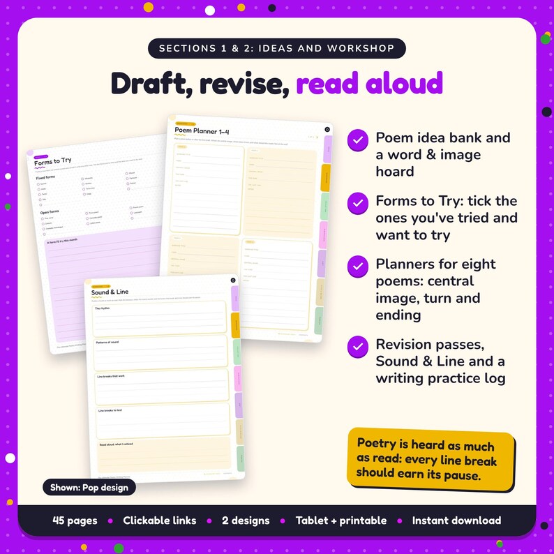 Draft, revise, read aloud: Poetry Writing Planner pages. Poem idea bank and a word & image hoard; Forms to Try: tick the ones you've tried and want to try; Planners for eight poems: central image, turn and ending