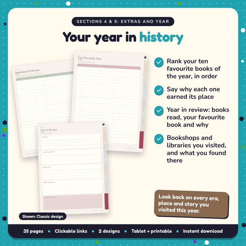 Your year in history: Historical Fiction Reading Journal pages. Rank your ten favourite books of the year, in order; Say why each one earned its place; Year in review: books read, your favourite book and why