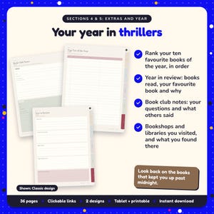 Your year in thrillers: Thriller Reading Journal pages. Rank your ten favourite books of the year, in order; Year in review: books read, your favourite book and why; Book club notes: your questions and what others said