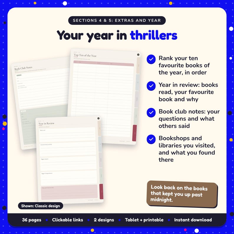 Your year in thrillers: Thriller Reading Journal pages. Rank your ten favourite books of the year, in order; Year in review: books read, your favourite book and why; Book club notes: your questions and what others said