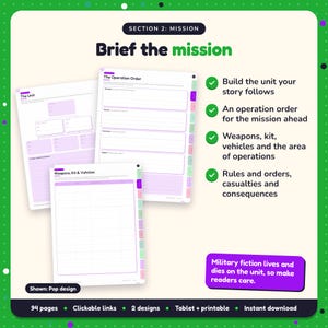 Brief the mission: Military Thriller Writing Planner pages. Build the unit your story follows; An operation order for the mission ahead; Weapons, kit, vehicles and the area of operations