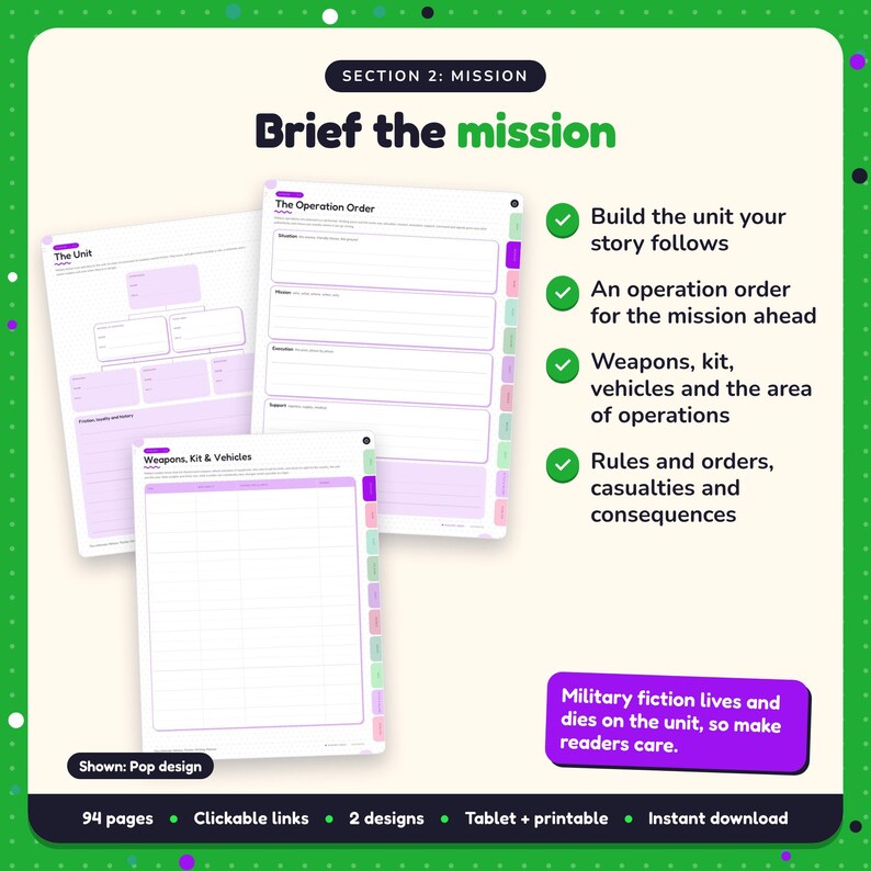 Brief the mission: Military Thriller Writing Planner pages. Build the unit your story follows; An operation order for the mission ahead; Weapons, kit, vehicles and the area of operations