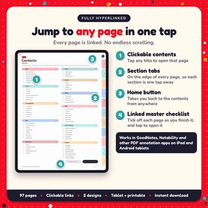 Hyperlinked contents page of the Crime Writing Planner, with clickable contents, section tabs, home button and linked master checklist for GoodNotes and Notability