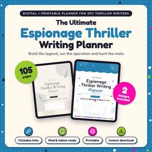 The Ultimate Espionage Thriller Writing Planner shown on two tablets in Classic and Pop designs: 105 pages, clickable links, iPad and tablet ready, printable, instant download