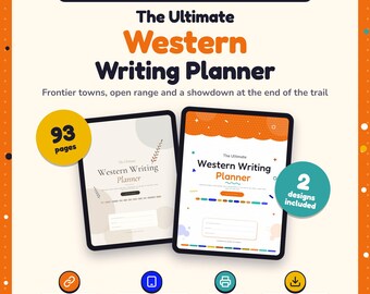 Puede incluir: Un planificador digital e imprimible para escritores de western titulado The Ultimate Western Writing Planner. Incluye 93 páginas, dos diseños, enlaces clicables y es apto para tabletas. El texto incluye Frontier towns, open range and a showdown at the end of the trail.