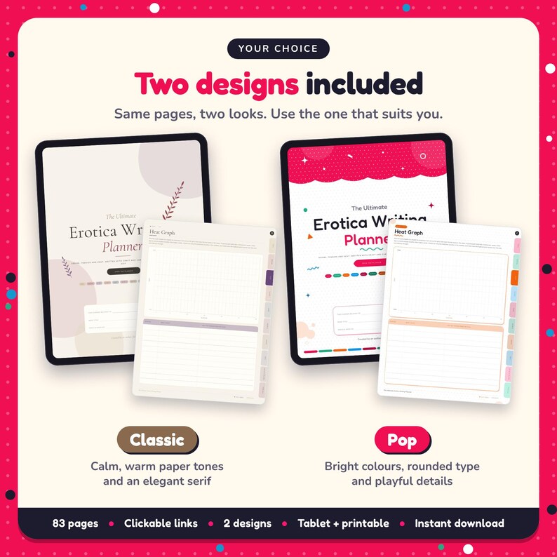 Two designs included with the Erotica Writing Planner: Classic and Pop