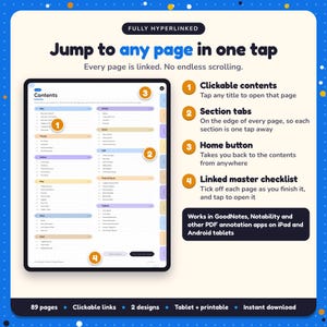 Hyperlinked contents page of the Thriller Writing Planner, with clickable contents, section tabs, home button and linked master checklist for GoodNotes and Notability