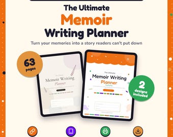 May include: A digital and printable memoir writing planner featuring two tablet displays with the text The Ultimate Memoir Writing Planner. Includes 63 pages, 2 designs, clickable links, and is tablet ready. The layout is orange, white, and black.