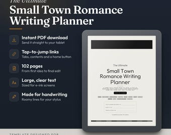 May include: A digital planner for e-ink tablets titled The Ultimate Small Town Romance Writing Planner. It features 102 pages, tap-to-jump links, and large text. The planner is designed for reMarkable and Kindle Scribe devices, with a layout optimized for handwriting with a stylus.