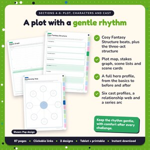 A plot with a gentle rhythm: Cosy Fantasy Writing Planner pages. Cosy Fantasy Structure beats, plus the three-act structure; Plot map, stakes graph, scene lists and scene cards; A full hero profile, from the basics to before and after