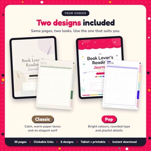 Two designs included with the Book Lover's Reading Journal: Classic and Pop