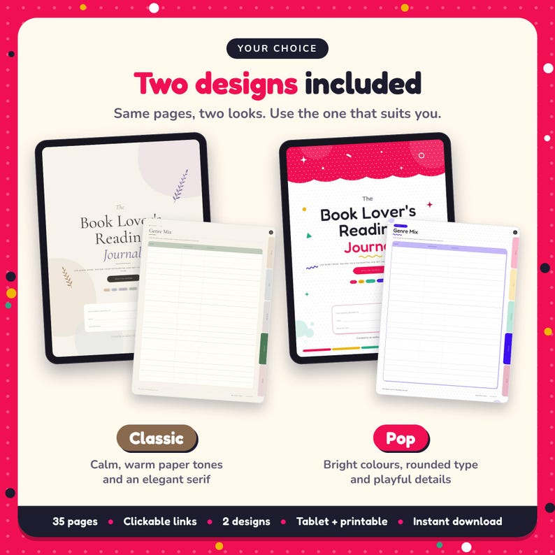 Two designs included with the Book Lover's Reading Journal: Classic and Pop
